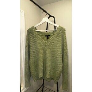 Forever 21 Sweater Womens Size S Sage Green Waffle-Knit V-Neck Pullover